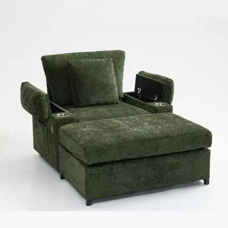 Canapé surdimensionné en chenille avec porte-gobelets et soutien lombaire pour soulager les maux de dos pour salon ou bureau vert