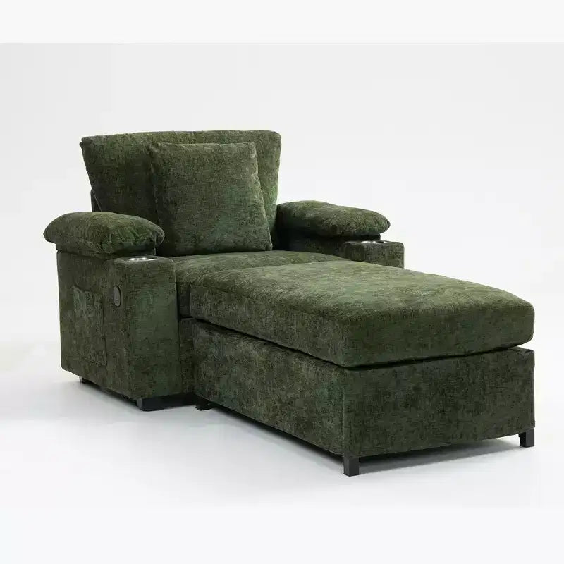 Canapé surdimensionné en chenille avec porte-gobelets et soutien lombaire pour soulager les maux de dos pour salon ou bureau vert