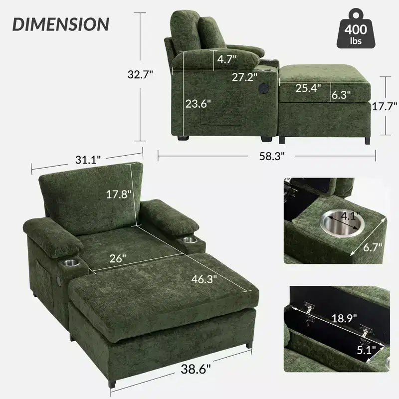 Canapé surdimensionné en chenille avec porte-gobelets et soutien lombaire pour soulager les maux de dos pour salon ou bureau vert