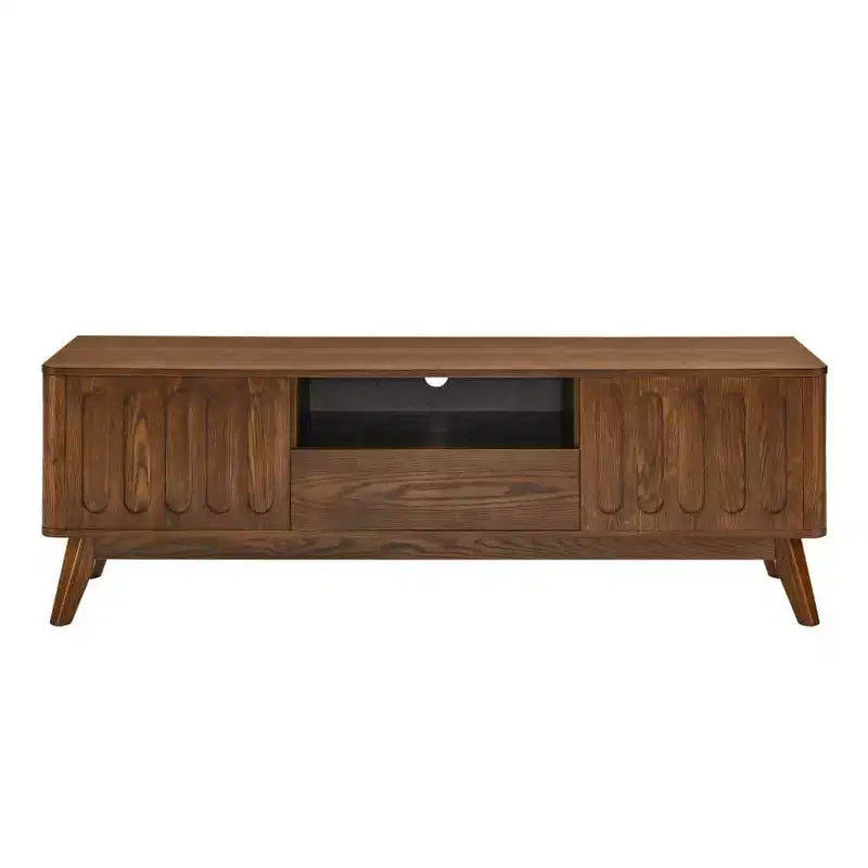 Meuble TV cannelé pour téléviseurs de 50 à 65 pouces, meuble de divertissement style Mid-Century Modern avec 2 portes, tiroir et pieds en bois massif.