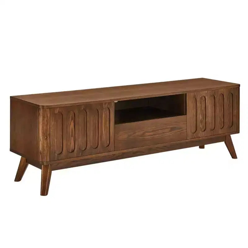 Meuble TV cannelé pour téléviseurs de 50 à 65 pouces, meuble de divertissement style Mid-Century Modern avec 2 portes, tiroir et pieds en bois massif.