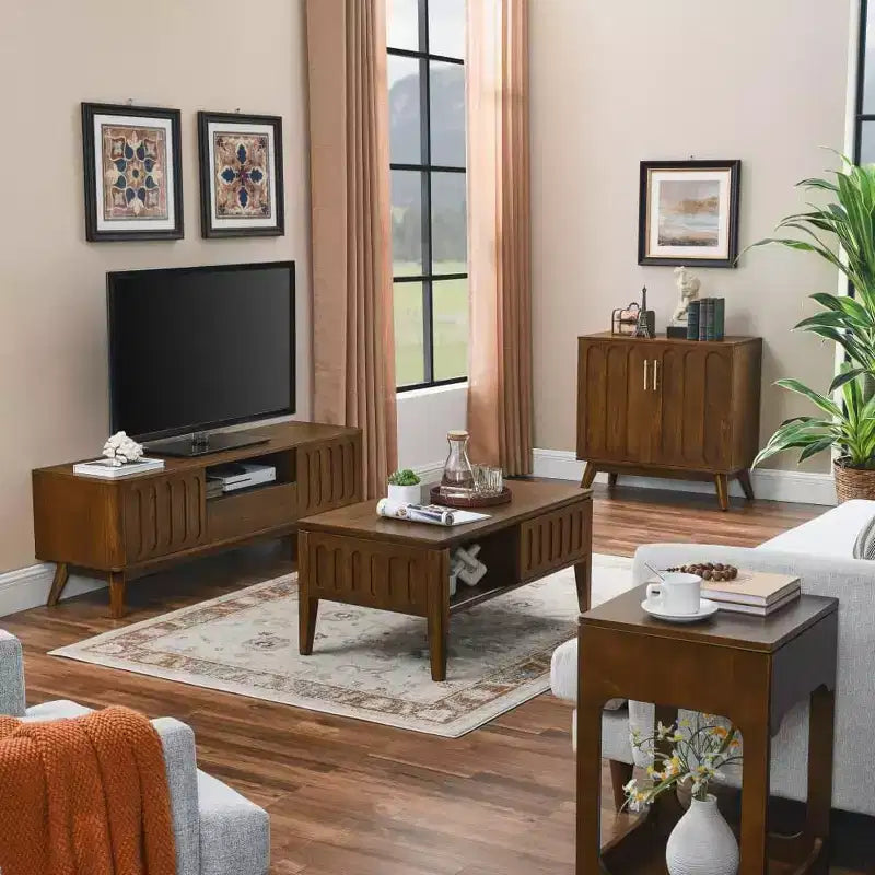 Meuble TV cannelé pour téléviseurs de 50 à 65 pouces, meuble de divertissement style Mid-Century Modern avec 2 portes, tiroir et pieds en bois massif.