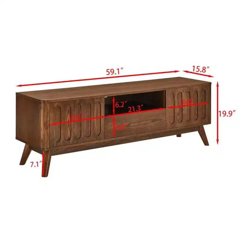 Meuble TV cannelé pour téléviseurs de 50 à 65 pouces, meuble de divertissement style Mid-Century Modern avec 2 portes, tiroir et pieds en bois massif.