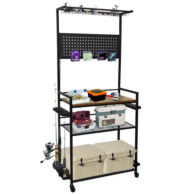 Fishing Rod Holders for Garage, Fishing Rod Rack Storage up to 12 Rods, Heavy Duty Metal Fish Pole Organizer with Pegboard and Wheels for Fish Gear
