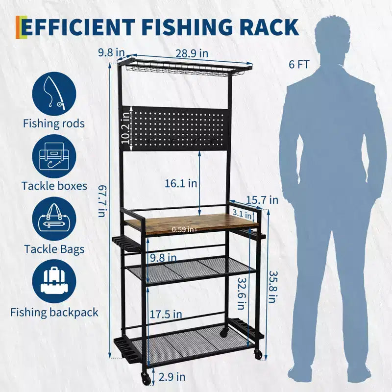 Supports de cannes à pêche pour garage, rangement jusqu'à 12 cannes, organisateur robuste en métal avec panneau perforé et roues pour matériel de pêche