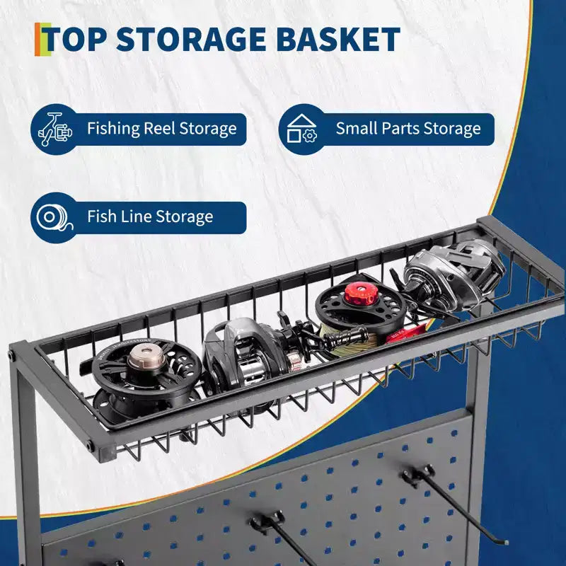 Supports de cannes à pêche pour garage, rangement jusqu'à 12 cannes, organisateur robuste en métal avec panneau perforé et roues pour matériel de pêche