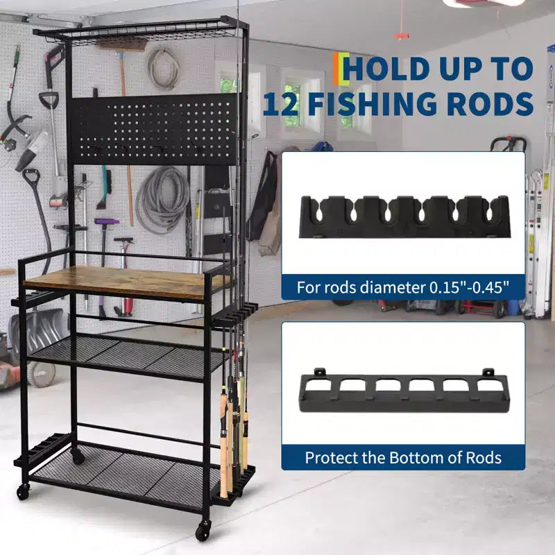 Supports de cannes à pêche pour garage, rangement jusqu'à 12 cannes, organisateur robuste en métal avec panneau perforé et roues pour matériel de pêche