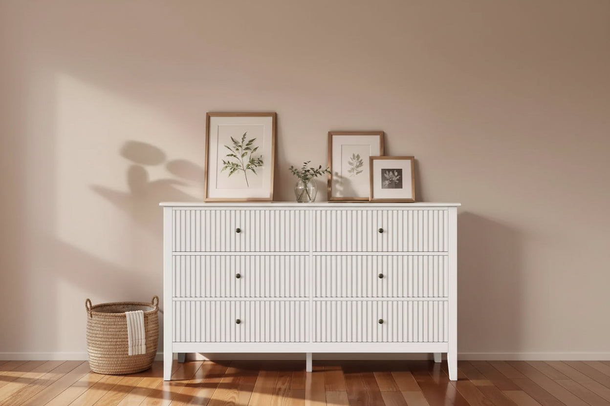 Heynemo Fluted 6 Drawer Dresser, Modern Closet Organizer Dressers, Double Chest of Drawers with Soft Close Drawers, Wood Storage Cabinet, White