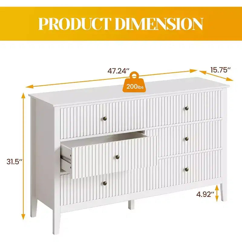 Commode à 6 tiroirs cannelés, commodes de rangement modernes pour placard, commode double avec tiroirs à fermeture douce, meuble de rangement en bois, blanc