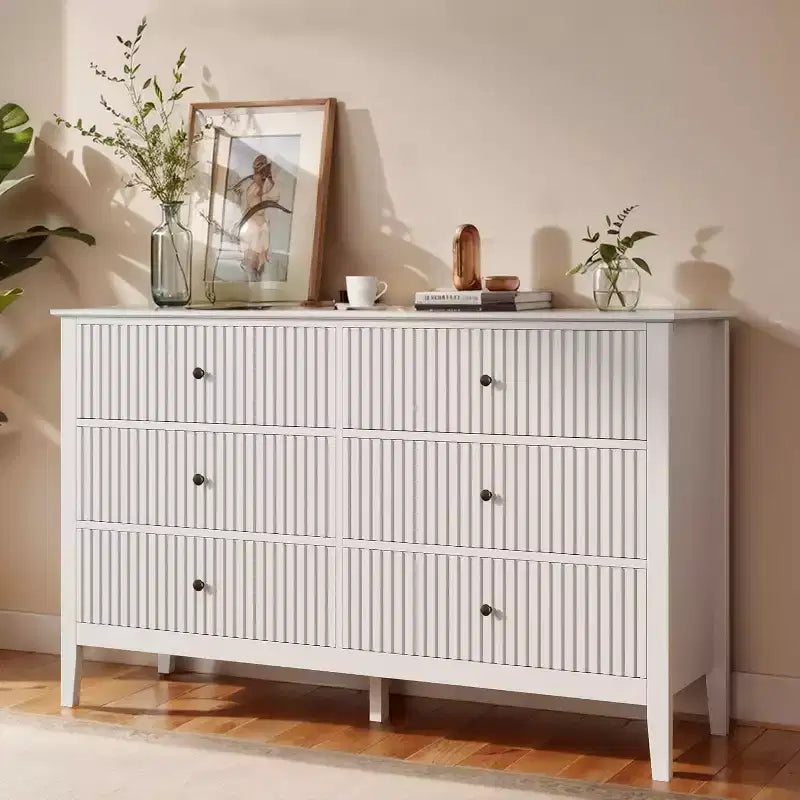 Commode à 6 tiroirs cannelés, commodes de rangement modernes pour placard, commode double avec tiroirs à fermeture douce, meuble de rangement en bois, blanc
