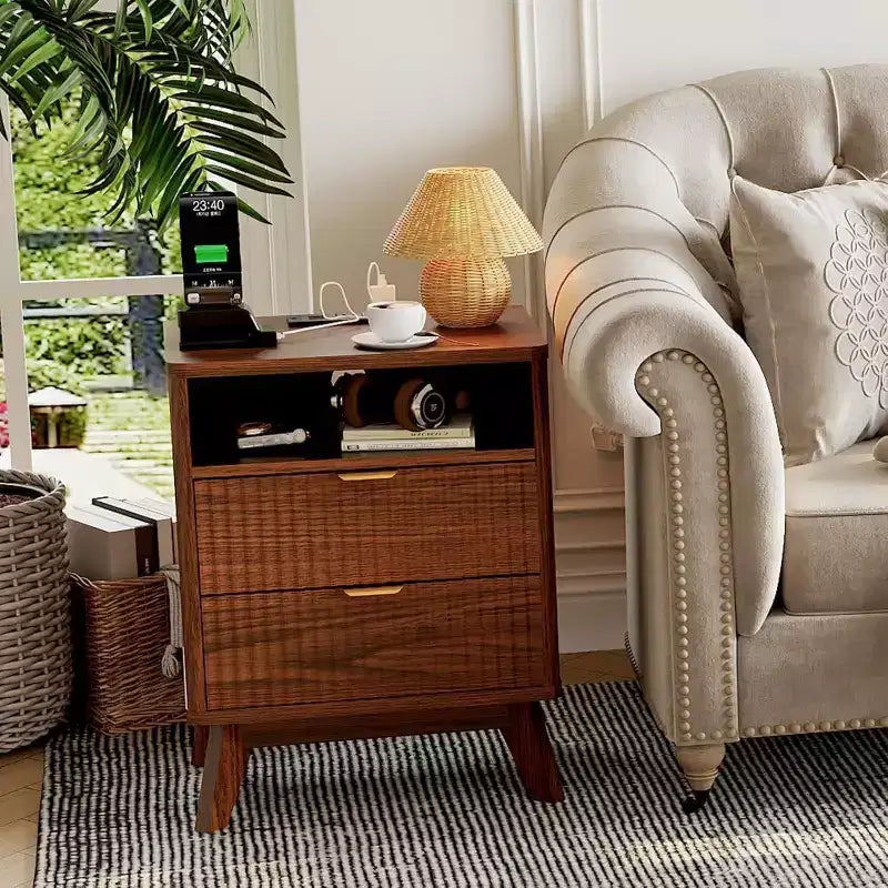 Table de chevet cannelée Modern Wave, table d'appoint à 2 tiroirs avec étagère ouverte, table de chevet pour chambre ou salon, rangement élégant