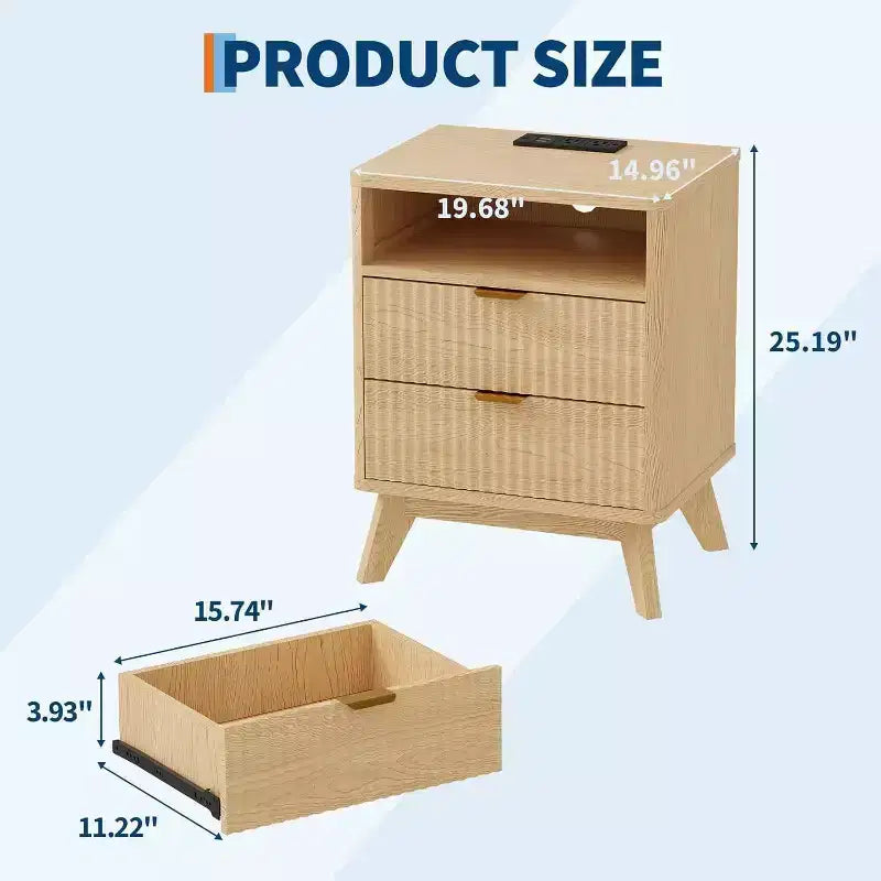 Table de chevet cannelée Modern Wave, table d'appoint à 2 tiroirs avec étagère ouverte, table de chevet pour chambre ou salon, rangement élégant