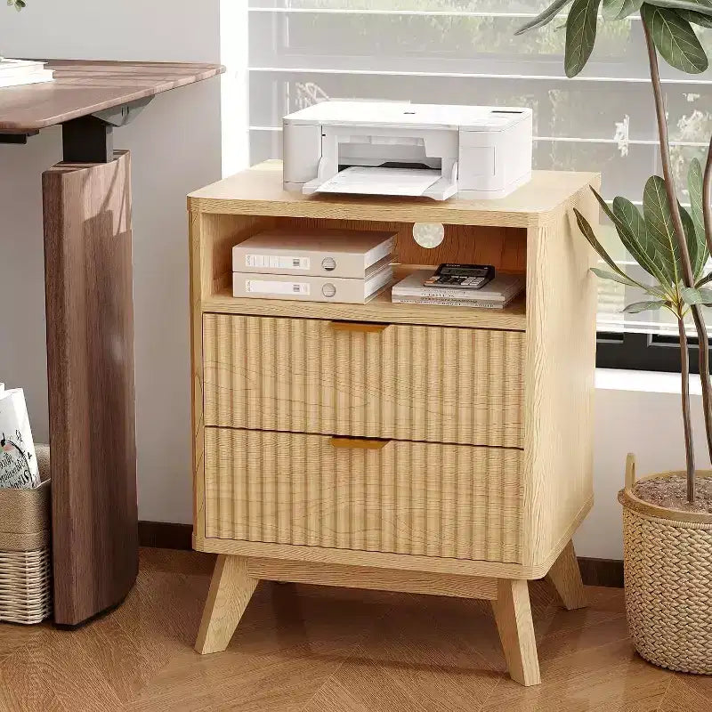 Table de chevet cannelée Modern Wave, table d'appoint à 2 tiroirs avec étagère ouverte, table de chevet pour chambre ou salon, rangement élégant