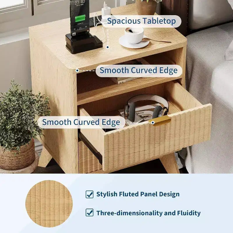 Table de chevet cannelée Modern Wave, table d'appoint à 2 tiroirs avec étagère ouverte, table de chevet pour chambre ou salon, rangement élégant
