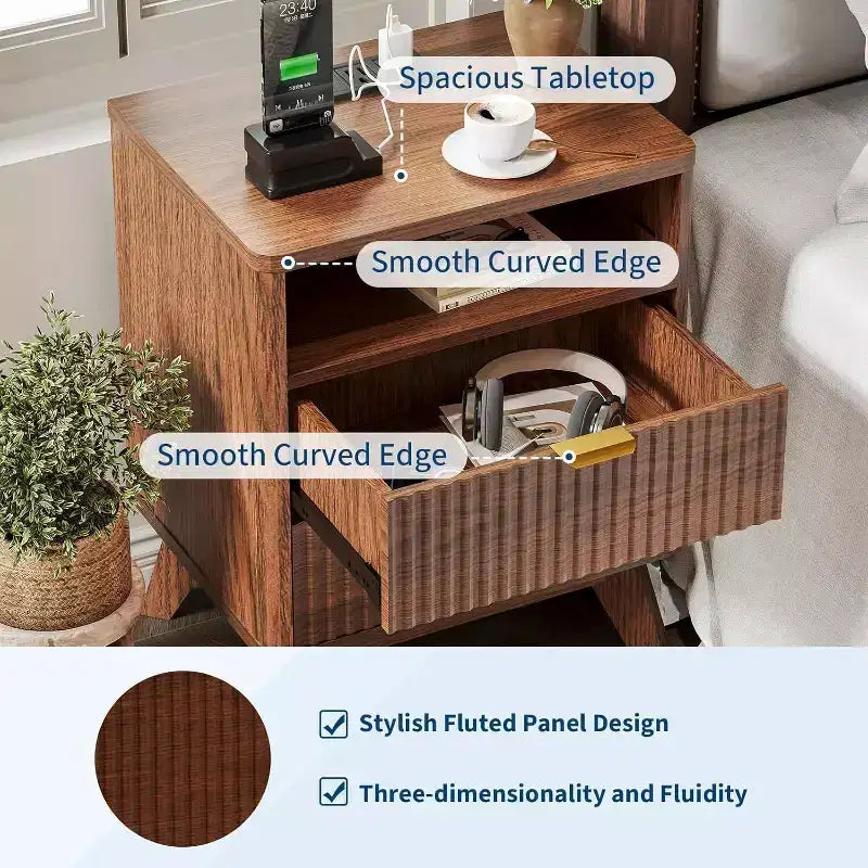 Table de chevet cannelée Modern Wave, table d'appoint à 2 tiroirs avec étagère ouverte, table de chevet pour chambre ou salon, rangement élégant