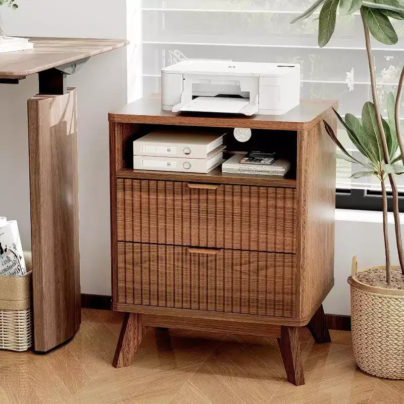 Table de chevet cannelée Modern Wave, table d'appoint à 2 tiroirs avec étagère ouverte, table de chevet pour chambre ou salon, rangement élégant