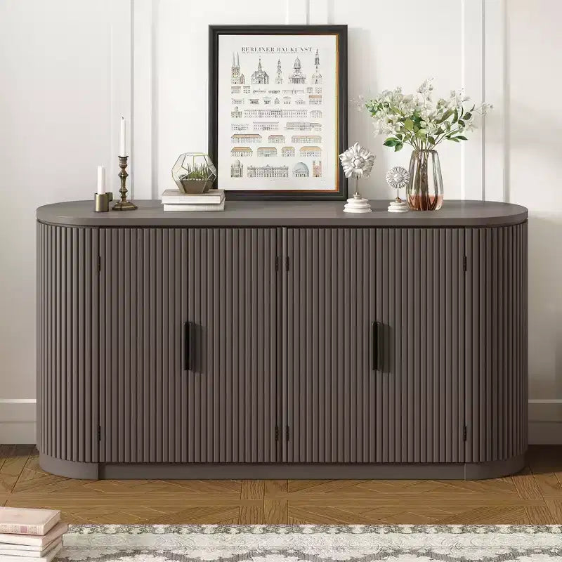 Buffet de Rangement à Rayures Verticales avec Poignées Métalliques et Étagères Réglables pour Salle à Manger, Armoire Moderne pour Salon