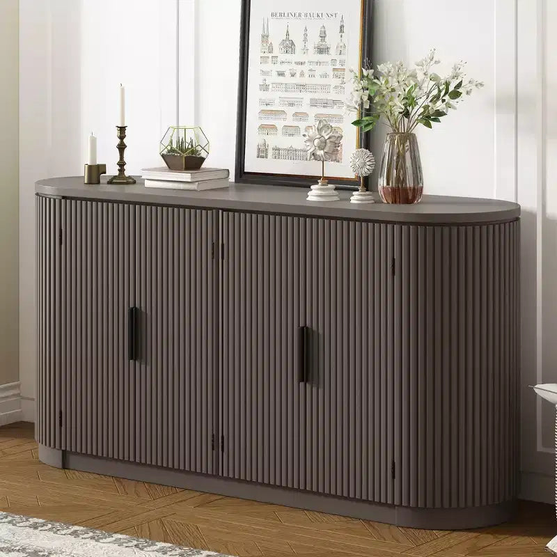 Buffet de Rangement à Rayures Verticales avec Poignées Métalliques et Étagères Réglables pour Salle à Manger, Armoire Moderne pour Salon