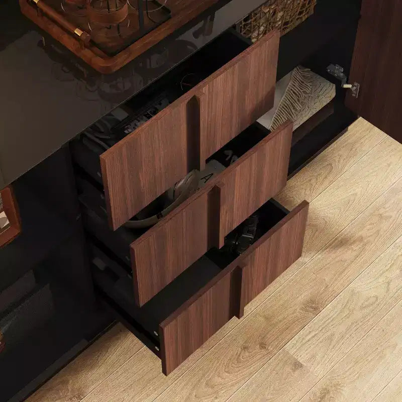 Meuble de Rangement Multifonction Buffet Meuble de Cuisine avec Prises Coulissantes Finition Noir Brillant et Bois