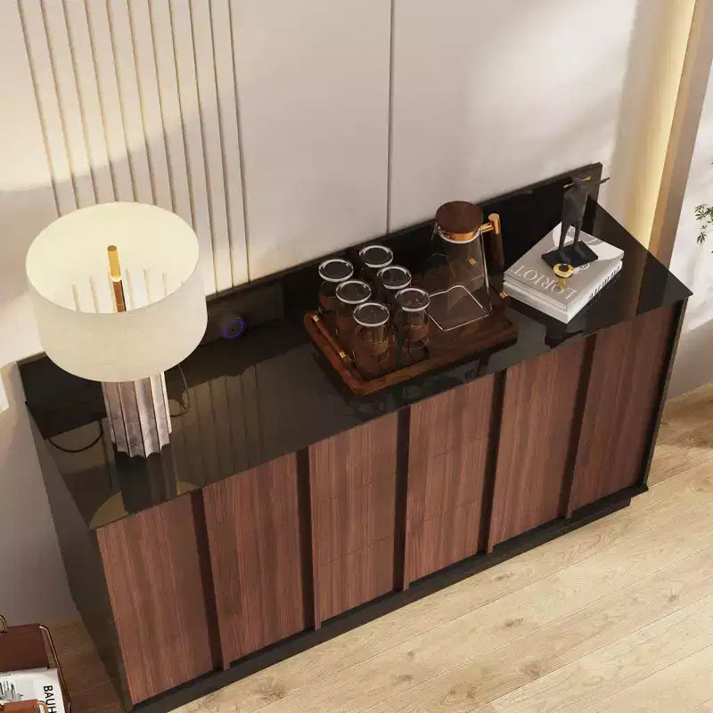 Meuble de Rangement Multifonction Buffet Meuble de Cuisine avec Prises Coulissantes Finition Noir Brillant et Bois