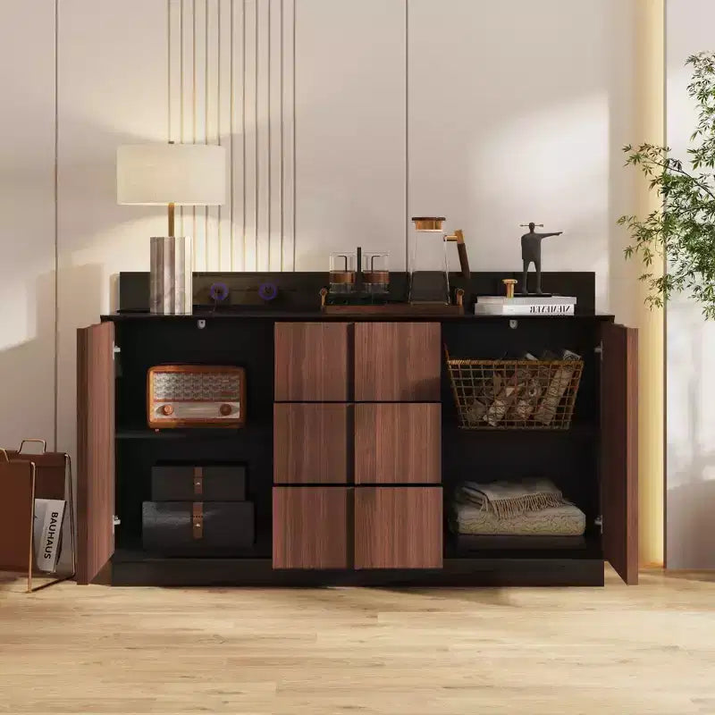 Meuble de Rangement Multifonction Buffet Meuble de Cuisine avec Prises Coulissantes Finition Noir Brillant et Bois