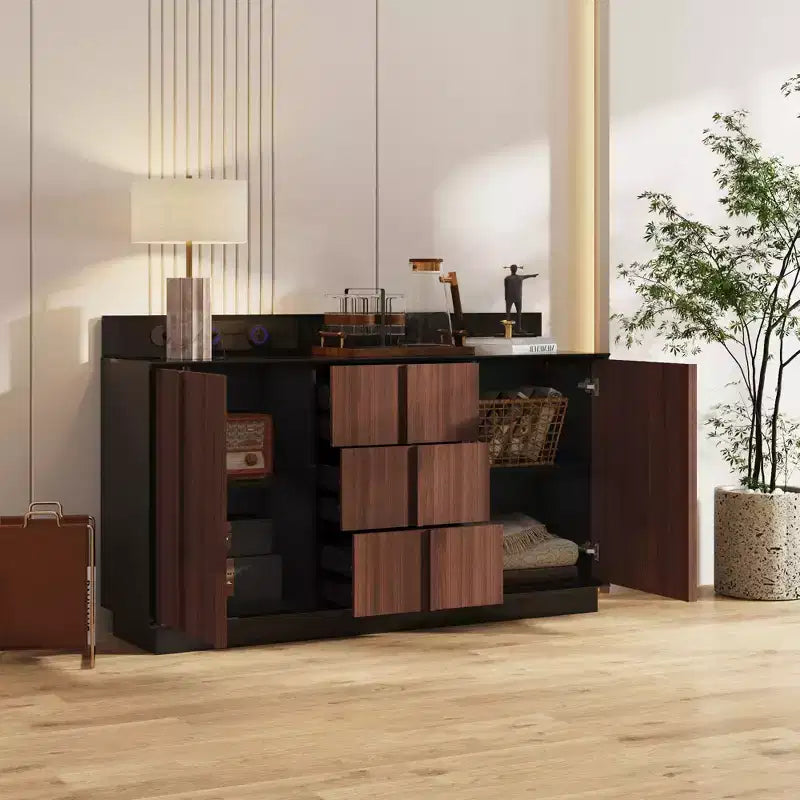 Meuble de Rangement Multifonction Buffet Meuble de Cuisine avec Prises Coulissantes Finition Noir Brillant et Bois