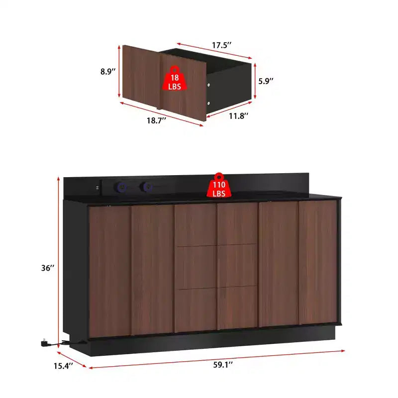 Meuble de Rangement Multifonction Buffet Meuble de Cuisine avec Prises Coulissantes Finition Noir Brillant et Bois