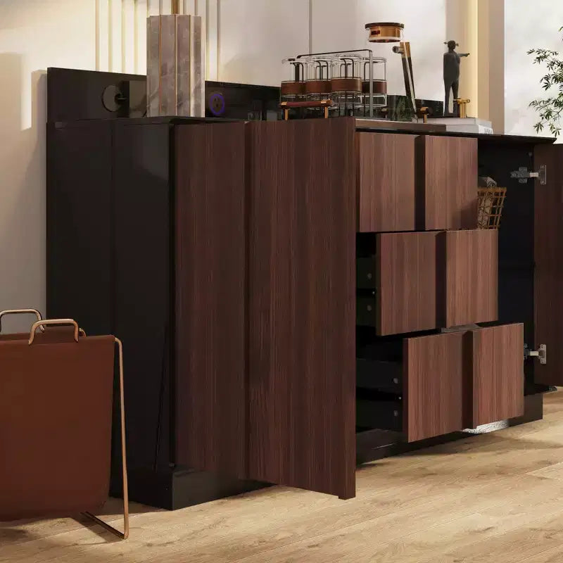 Meuble de Rangement Multifonction Buffet Meuble de Cuisine avec Prises Coulissantes Finition Noir Brillant et Bois