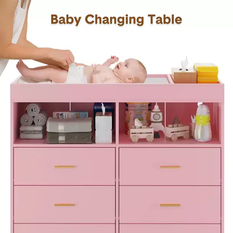 Table à langer commode multifonctionnelle pour chambre de bébé avec prise électrique (6 tiroirs + 2 étagères)