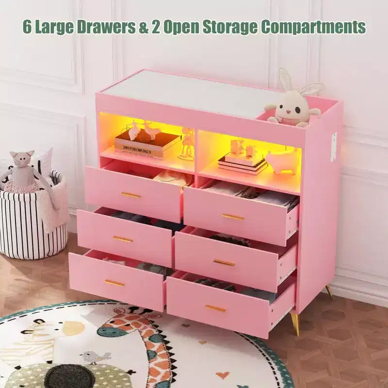 Table à langer commode multifonctionnelle pour chambre de bébé avec prise électrique (6 tiroirs + 2 étagères)