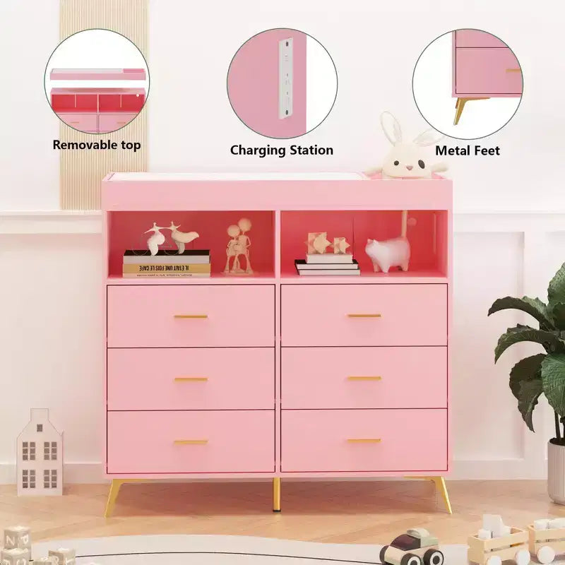 Table à langer commode multifonctionnelle pour chambre de bébé avec prise électrique (6 tiroirs + 2 étagères)