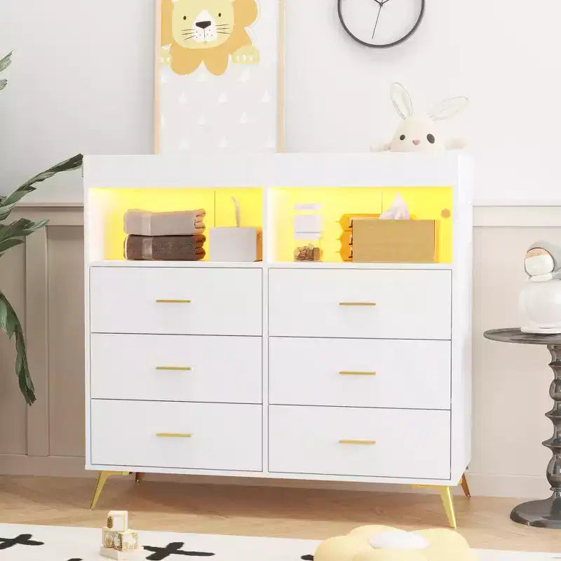 Table à langer commode multifonctionnelle pour chambre de bébé avec prise électrique (6 tiroirs + 2 étagères)