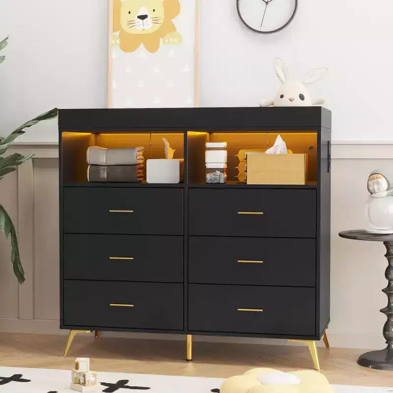 Table à langer commode multifonctionnelle pour chambre de bébé avec prise électrique (6 tiroirs + 2 étagères)