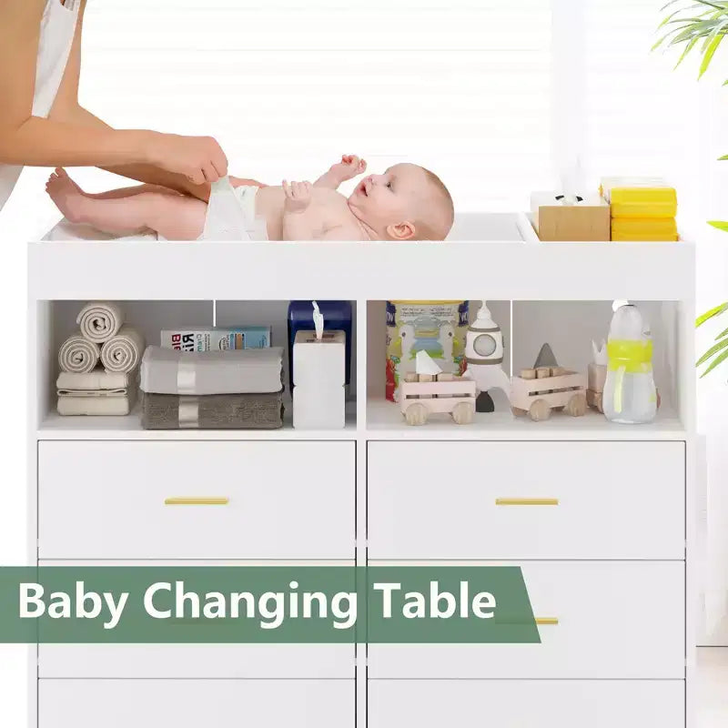 Table à langer commode multifonctionnelle pour chambre de bébé avec prise électrique (6 tiroirs + 2 étagères)