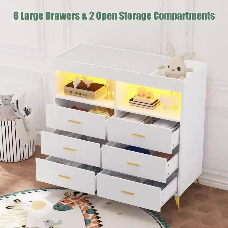 Table à langer commode multifonctionnelle pour chambre de bébé avec prise électrique (6 tiroirs + 2 étagères)