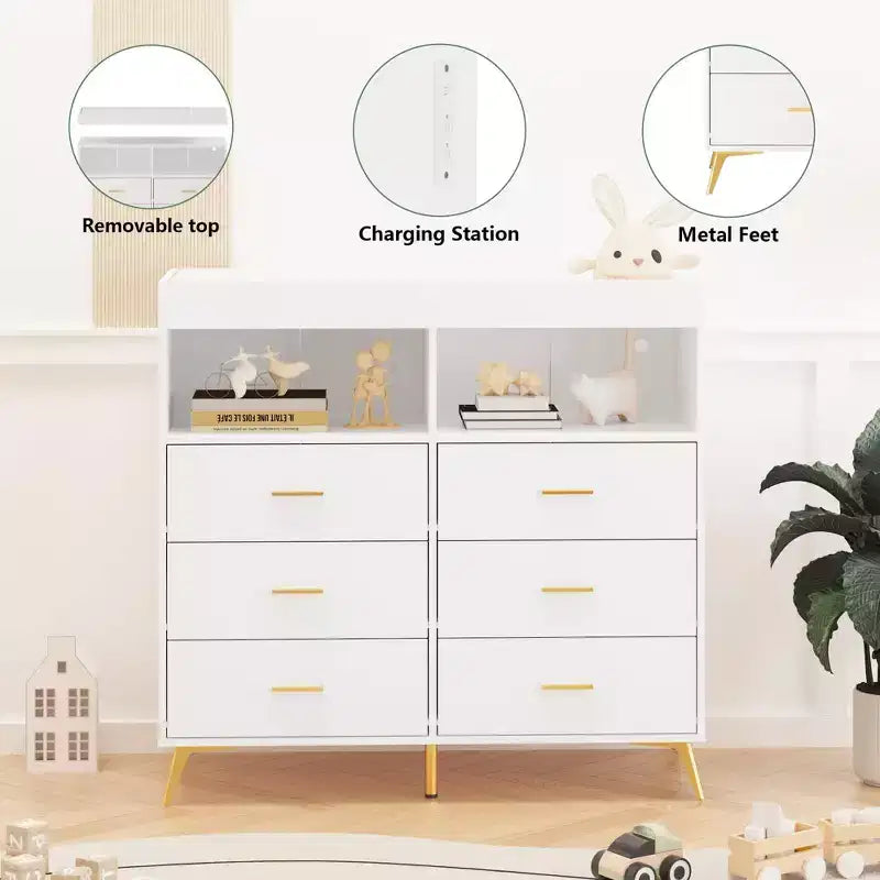 Table à langer commode multifonctionnelle pour chambre de bébé avec prise électrique (6 tiroirs + 2 étagères)