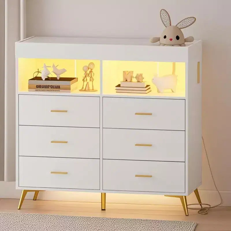 Table à langer commode multifonctionnelle pour chambre de bébé avec prise électrique (6 tiroirs + 2 étagères)