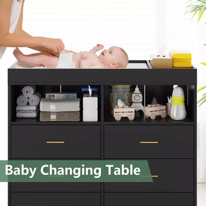 Table à langer commode multifonctionnelle pour chambre de bébé avec prise électrique (6 tiroirs + 2 étagères)