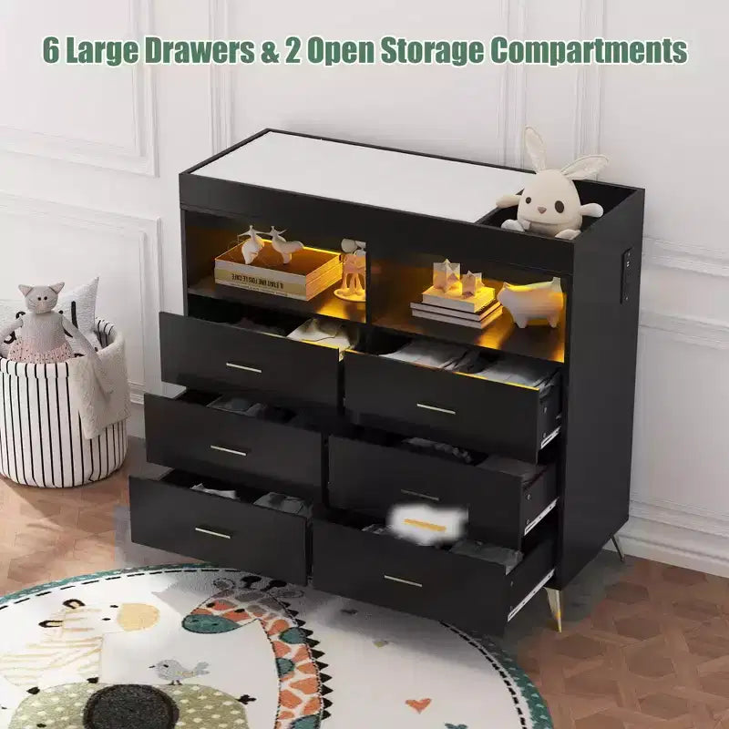 Table à langer commode multifonctionnelle pour chambre de bébé avec prise électrique (6 tiroirs + 2 étagères)