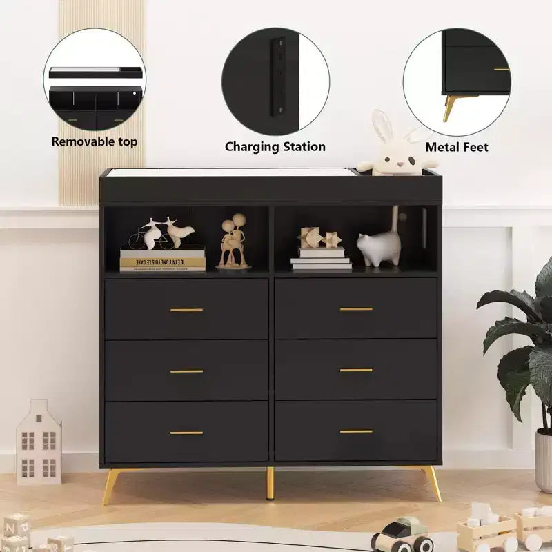 Table à langer commode multifonctionnelle pour chambre de bébé avec prise électrique (6 tiroirs + 2 étagères)