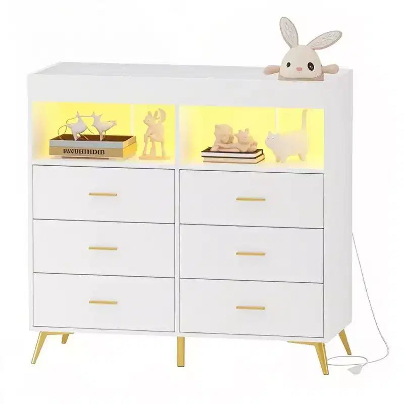 Table à langer commode multifonctionnelle pour chambre de bébé avec prise électrique (6 tiroirs + 2 étagères)