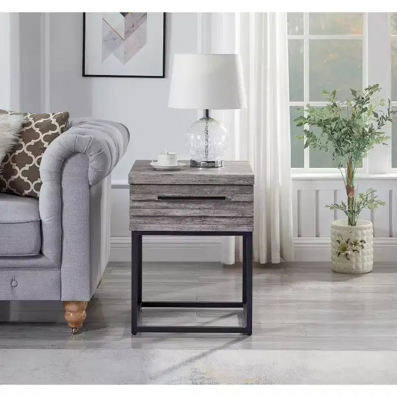Table d'appoint rustique avec tiroir de rangement et pieds en métal, bout de canapé avec plateau épais, table d'appoint pour canapé, salon, chambre à coucher