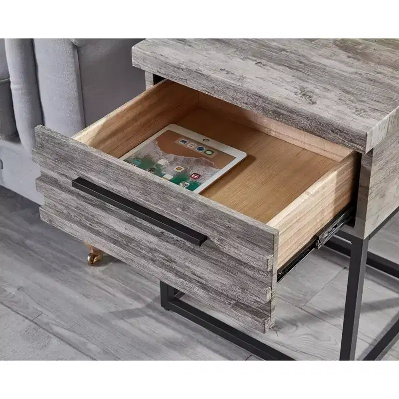 Table d'appoint rustique avec tiroir de rangement et pieds en métal, bout de canapé avec plateau épais, table d'appoint pour canapé, salon, chambre à coucher
