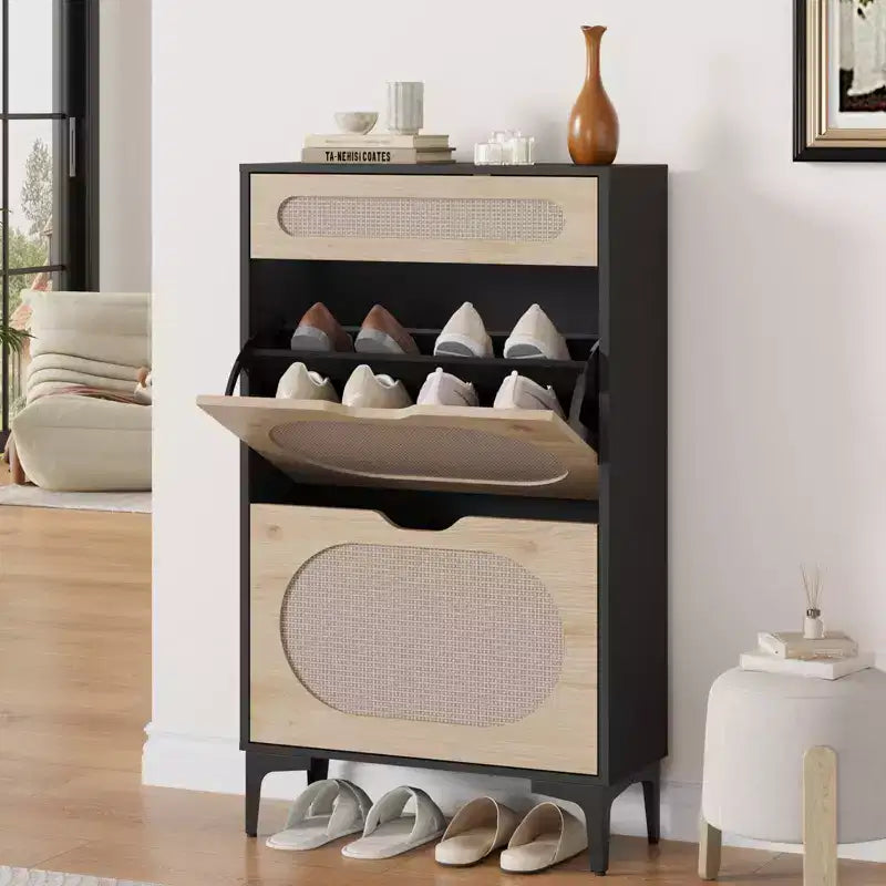 Rattan shoe cabinet with 2 flip-top drawers and 1 pull-out drawer, three adjustable shelves, designed for narrow entryways and hallways.