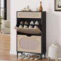 Rattan shoe cabinet with 2 flip-top drawers and 1 pull-out drawer, three adjustable shelves, designed for narrow entryways and hallways.