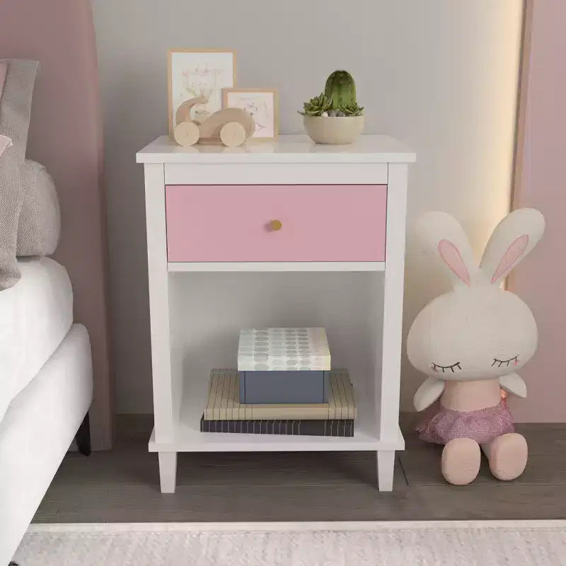 Table de chevet rose en bois avec 1 tiroir et 1 étagère pour enfants et adultes