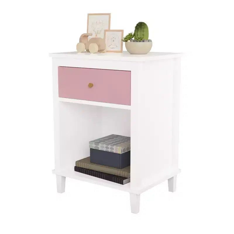 Table de chevet rose en bois avec 1 tiroir et 1 étagère pour enfants et adultes