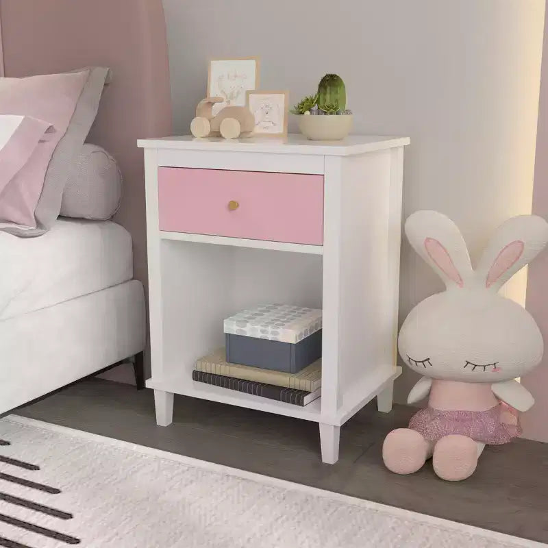 Table de chevet rose en bois avec 1 tiroir et 1 étagère pour enfants et adultes