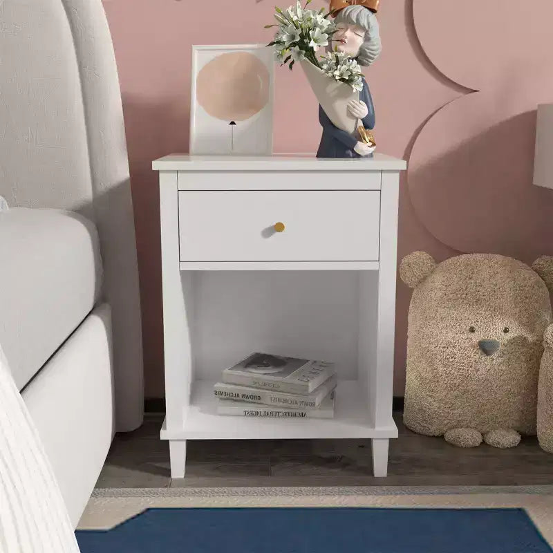 Table de chevet rose en bois avec 1 tiroir et 1 étagère pour enfants et adultes