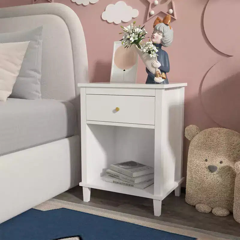 Table de chevet rose en bois avec 1 tiroir et 1 étagère pour enfants et adultes